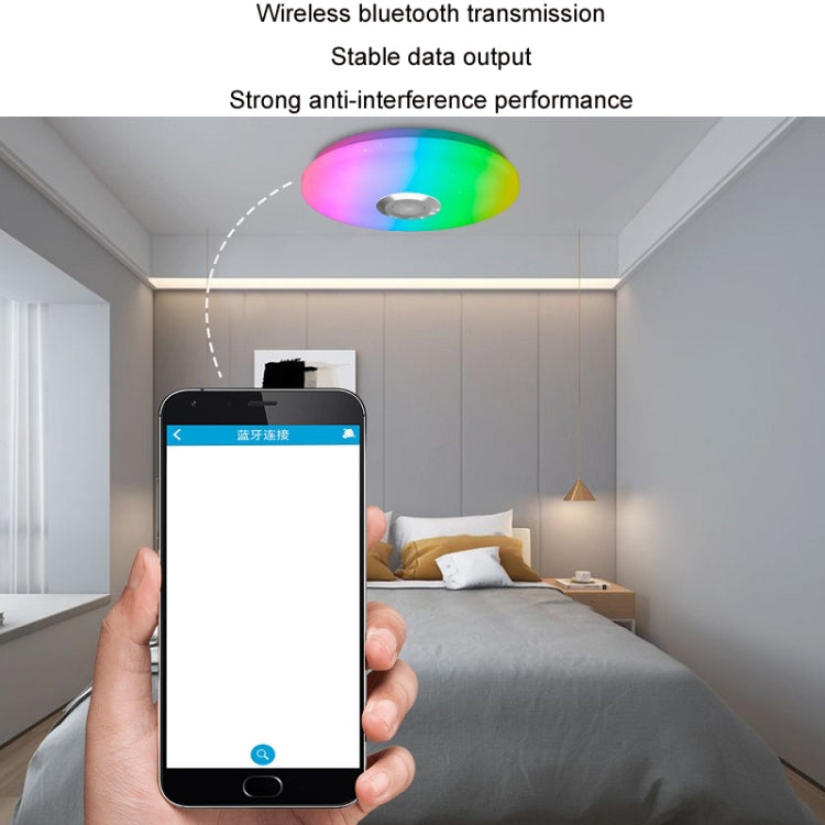 RGB LED ceiling lamp glowing overhead, controlled via smartphone app on mobile
