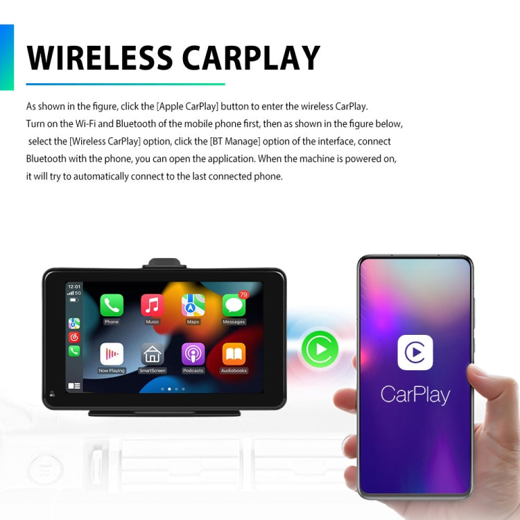 7-inch car smart screen with wireless CarPlay connection shown on the display.