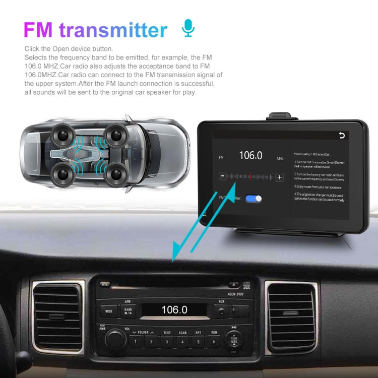 7-inch car smart screen and FM transmitter, showing tuning frequency 106.0