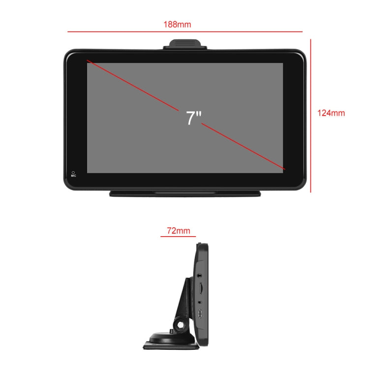 7-inch car smart screen with tabletop stand and side ports, with size diagram.