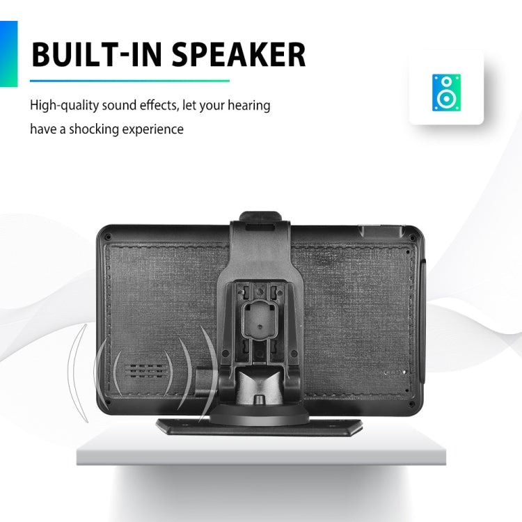7-inch car smart screen with built-in speaker grille and mounting stand.
