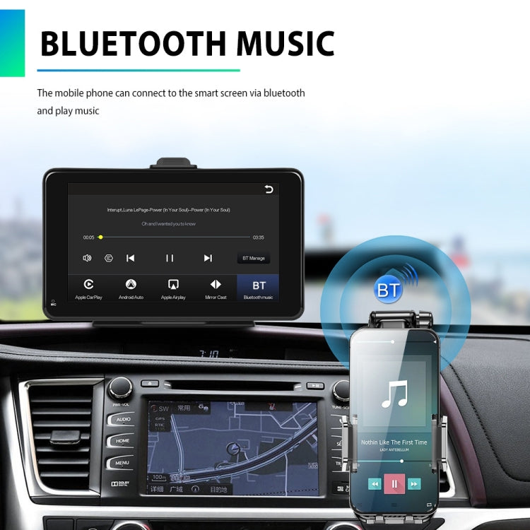 Car smart screen playing music connected to a smartphone via Bluetooth.