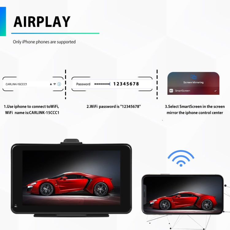 7-inch car smart screen with dark bezel and stand, showing red sports car on display