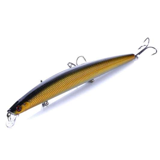 Long-distance minnow fishing lure with yellow and dark blue body, silver hooks