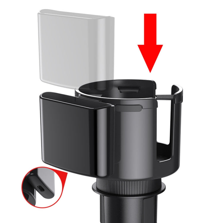 Car cup holder and storage box with side cutouts and central cup stand, black and silver