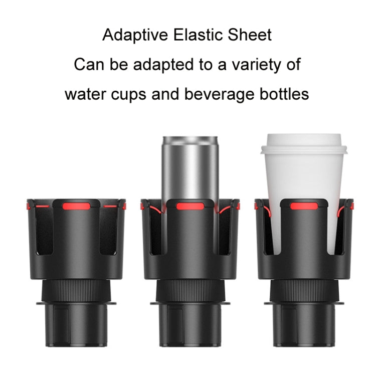 Car cup holder adapter for cups and beverage bottles, black holder with elastic sheet