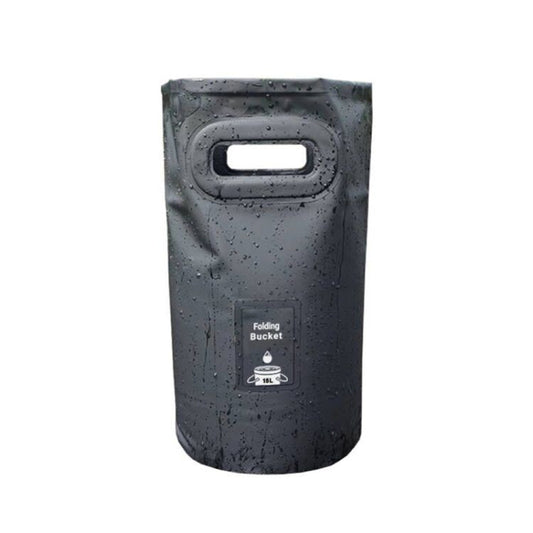 Foldable camping bucket, dark gray with carry handle cutout and rain-speckled surface.