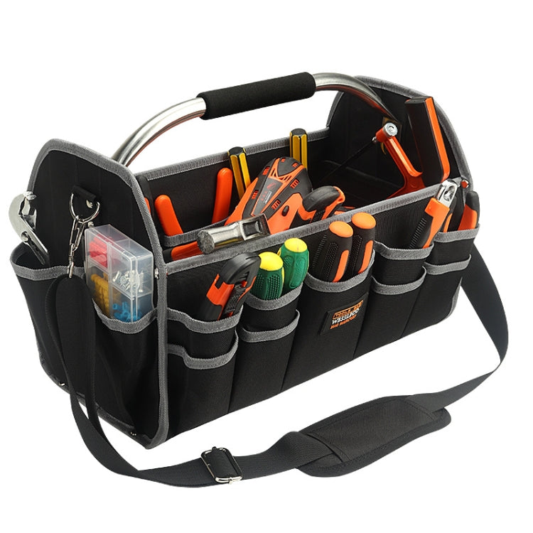 Black thick oxford tool tote bag with multiple gray tool pockets and organizer slots