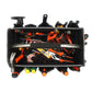 Black tool organizer bag filled with orange power tools and accessories in compartments
