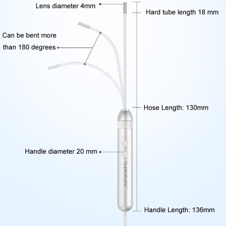 Compact endoscope body with measurements showing 4mm lens and 130mm hose length