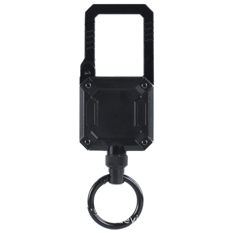 Black telescopic keychain with magnetic lanyard and key ring, box clip housing