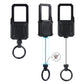 Black telescopic keychain with key ring, showing extended pull cord and clip