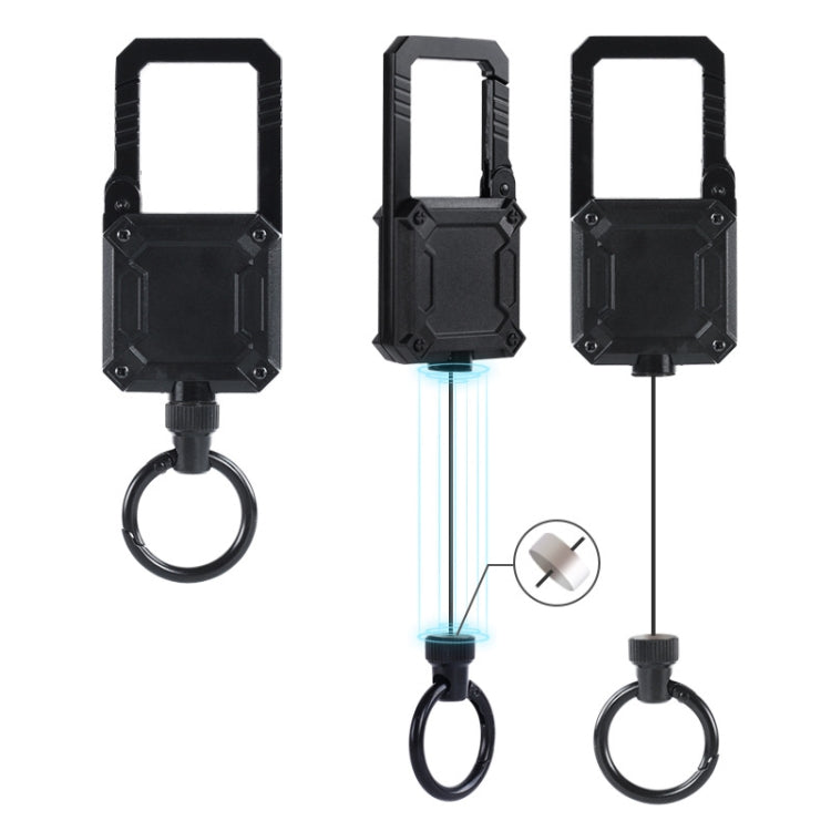 Black telescopic keychain with key ring, showing extended pull cord and clip