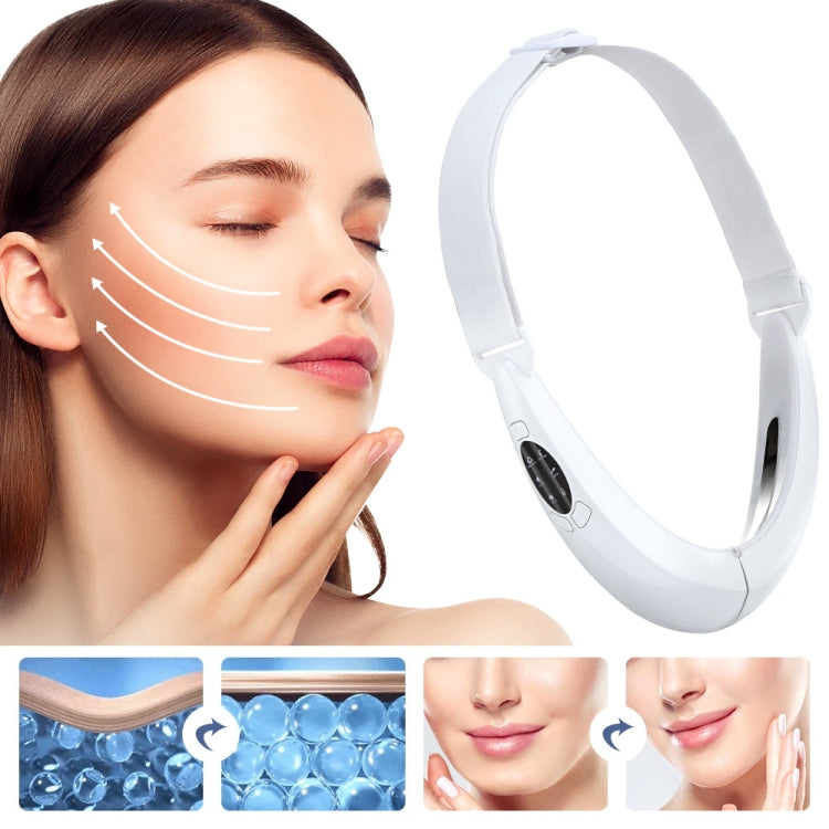 White EMS face device worn on model’s face, with side control buttons