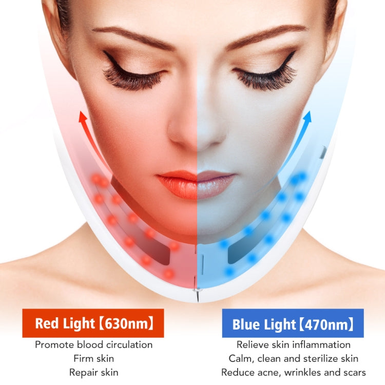 White EMS face-lifting device showing red and blue light zones on face