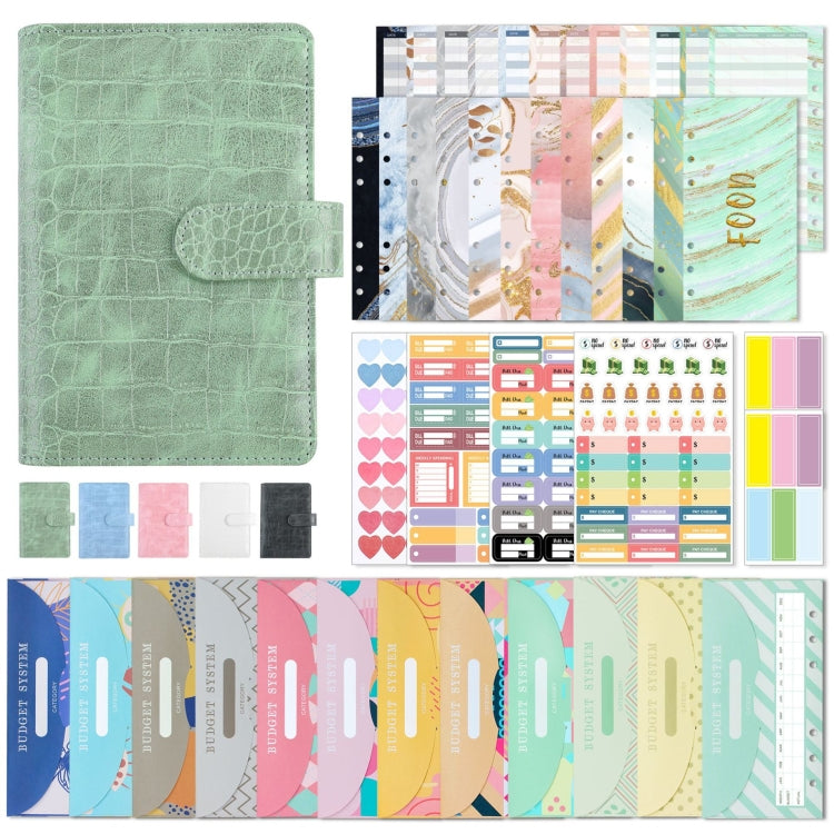 Bean green crocodile-pattern PU leather loose-leaf binder with strap and button flap