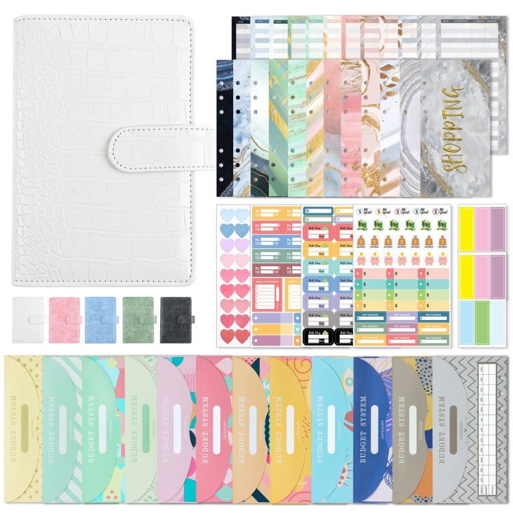 Warm white crocodile-pattern PU leather loose-leaf binder with strap and stitched flap