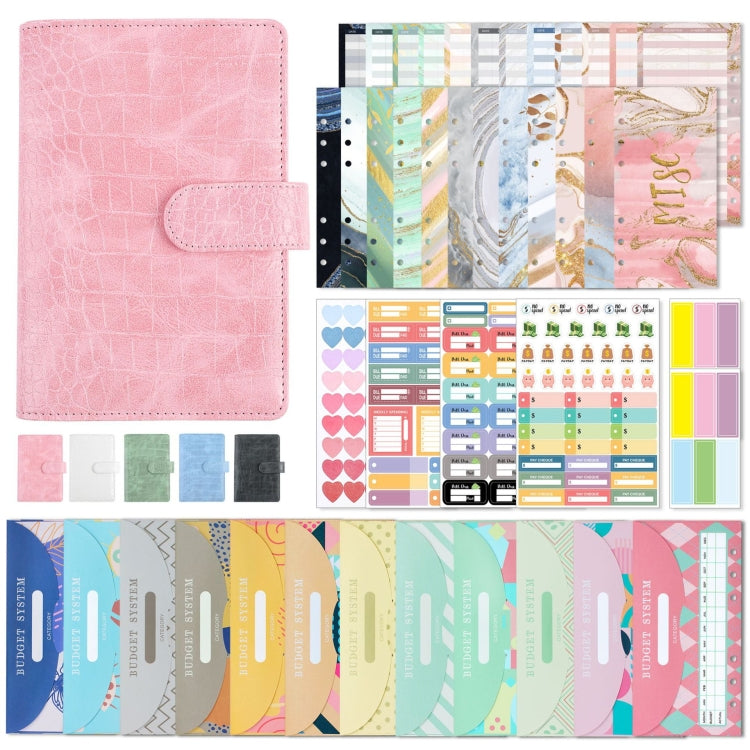 Pink crocodile-pattern PU leather loose-leaf binder with strap and stitched front flap