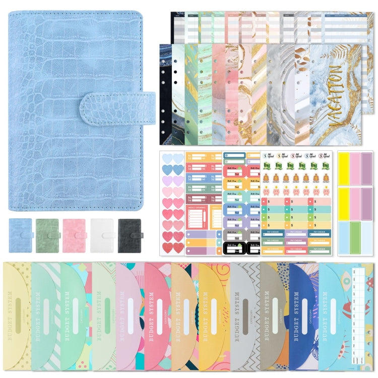 Glaze blue crocodile-pattern PU leather loose-leaf binder with strap and stitched flap