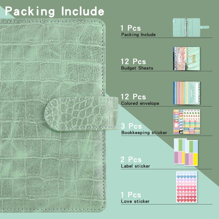 Bean green crocodile-pattern PU leather binder with magnetic strap and label tabs
