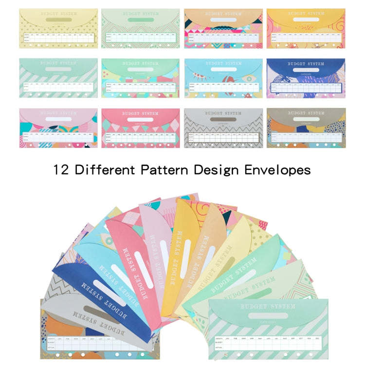 Set of 12 patterned budget envelope cards in pastel colors