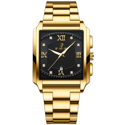 Men's waterproof quartz wristwatch, gold case with black dial and link bracelet