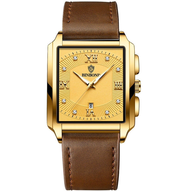 Men's waterproof quartz wristwatch, gold case with brown leather strap and light dial