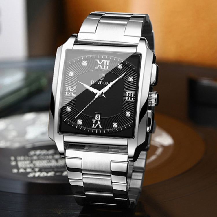 Men's waterproof quartz wristwatch, silver-tone case with black dial and metal bracelet