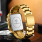 Men's waterproof quartz wristwatch, gold case back view with engraved markings