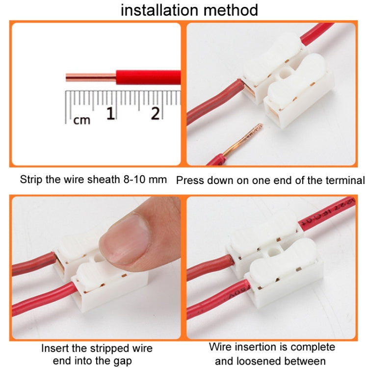White push terminal block with copper wire inserted and pressed into connector