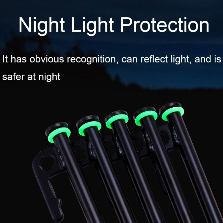 Black stake clips with glowing mint green luminous reflective rings