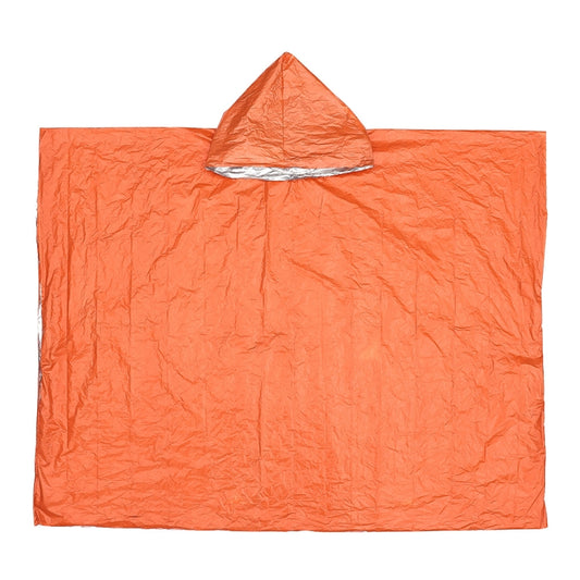 Orange hooded rain poncho with integrated triangular hood, folded for storage
