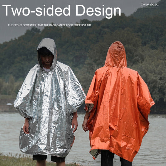 Orange two-sided hooded rain poncho with full-coverage cape shape