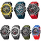 Men's sports watch set with multiple colored rubber straps and rugged alloy cases