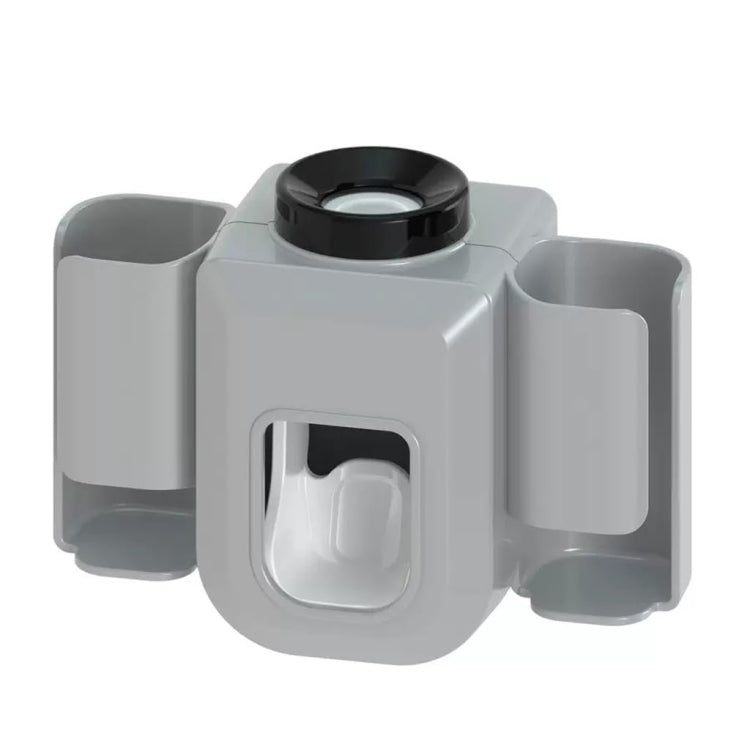 White wall-mounted automatic toothpaste squeezer with toothbrush holders and black top cap
