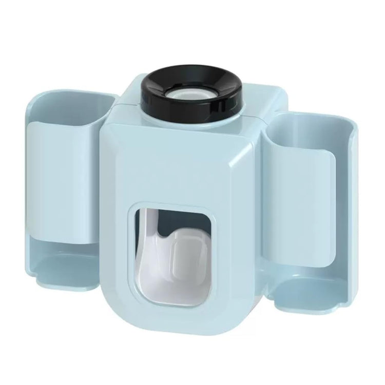 Light blue wall-mounted automatic toothpaste squeezer with two toothbrush holding slots