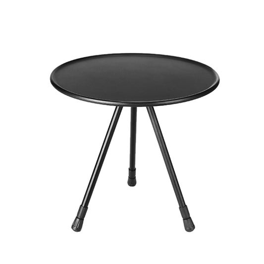 Black round folding camping table with tripod legs and adjustable height