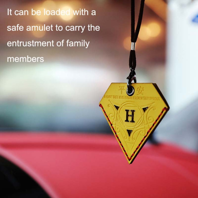 Yellow triangular leather charm with black H emblem and loop, hanging on cord
