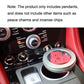 Red triangular leather charm on car dashboard near round accessory box