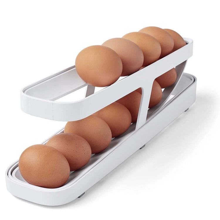 Two-tier plastic egg storage tray with rolling channels and a white frame