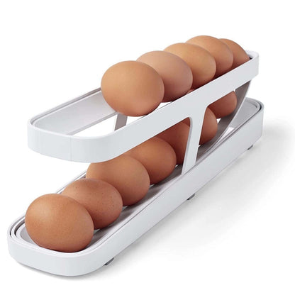 Two-tier plastic egg storage tray with rolling channels and a white frame