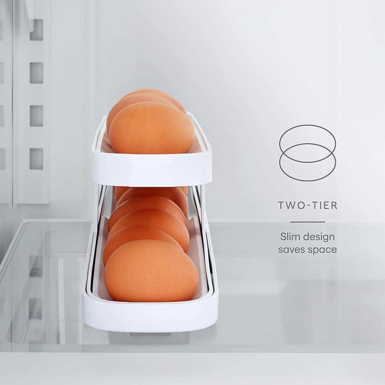 Two-tier refrigerator egg storage organizer with open white frame holding eggs