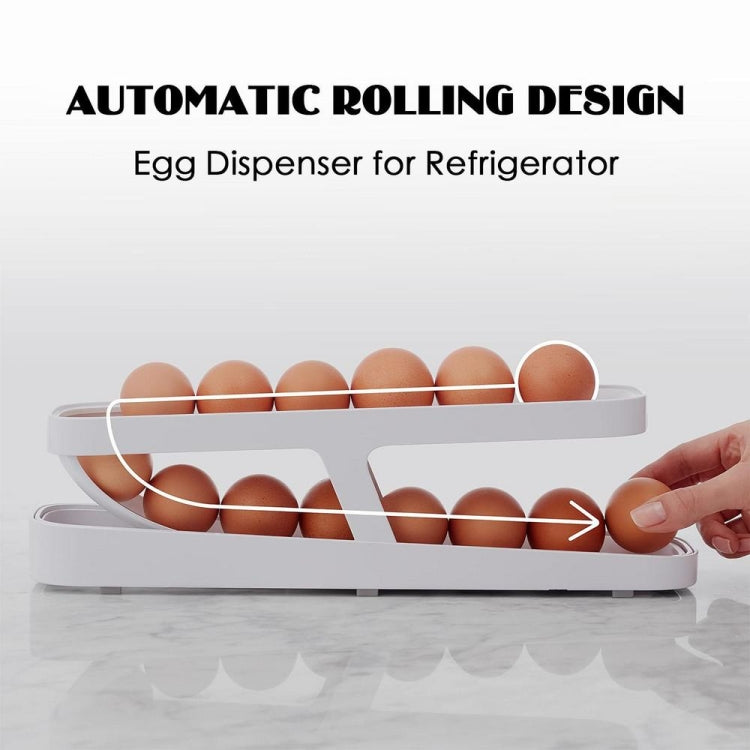 White automatic rolling egg dispenser with eggs arranged in the upper tray