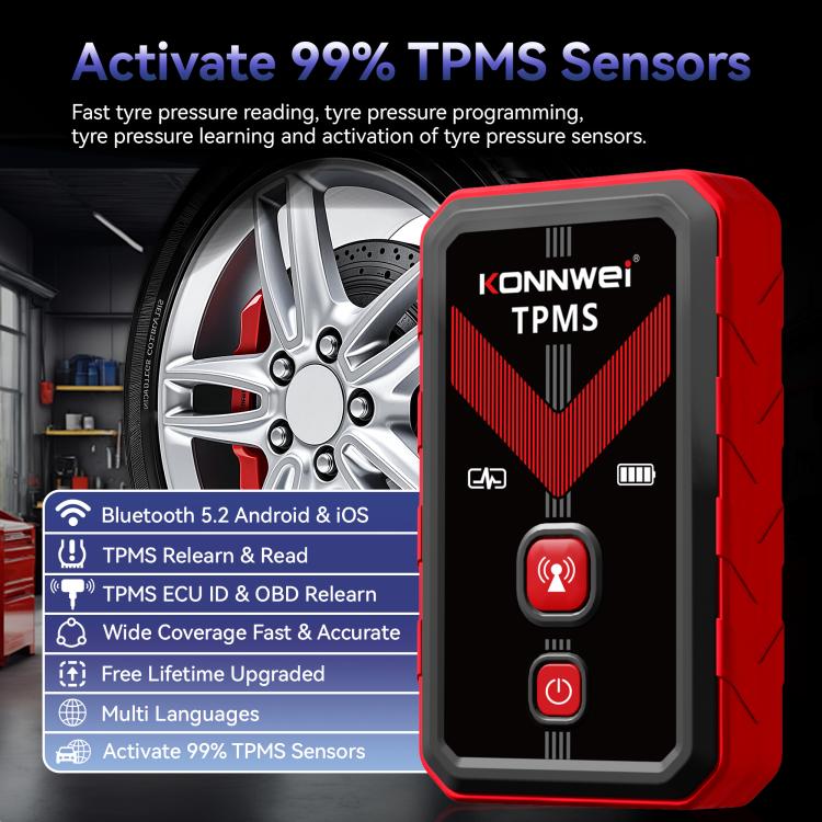 KONNWEI TPMS programmer, red-and-black handheld with screen and buttons