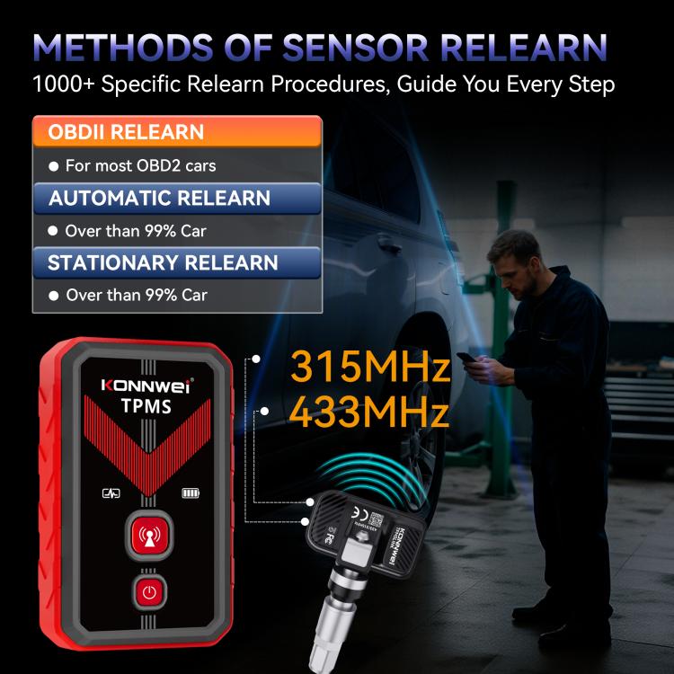 TPMS monitor with red/black case and TPMS sensor module, featuring signal indicators