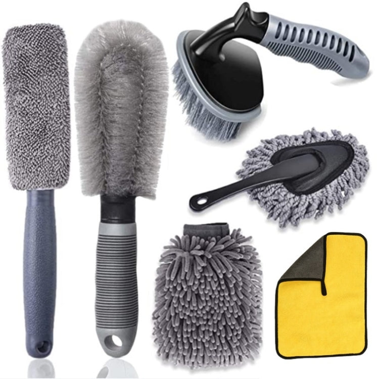 Car tire brush set with gray microfiber brush heads, handles, and yellow cloth
