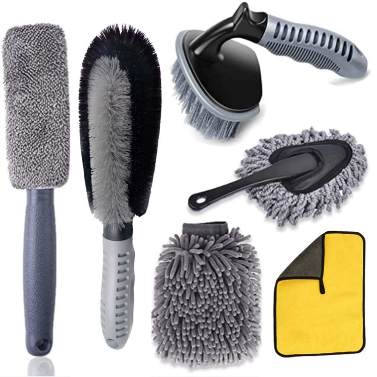 Car tire brush set with microfiber brush heads, one dark-bristle brush, handles, and yellow cloth