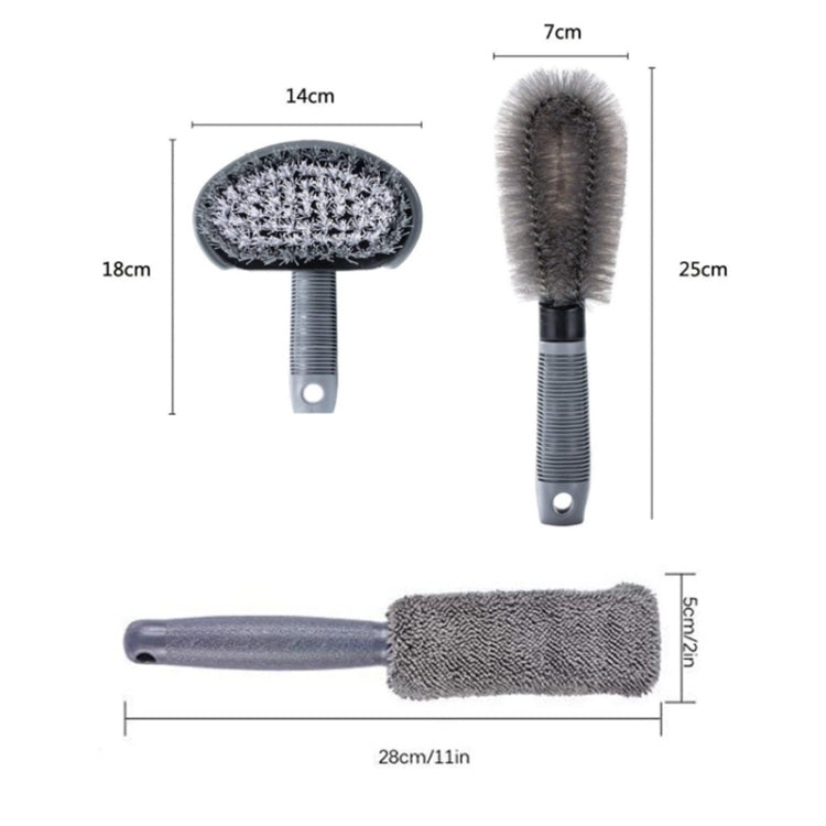 Car wheel cleaning brush set with oval and long microfiber heads; size dimensions shown