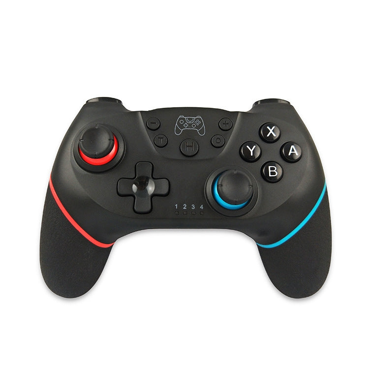 Wireless Bluetooth gamepad for Switch in black with red and blue accent lines and ABXY buttons
