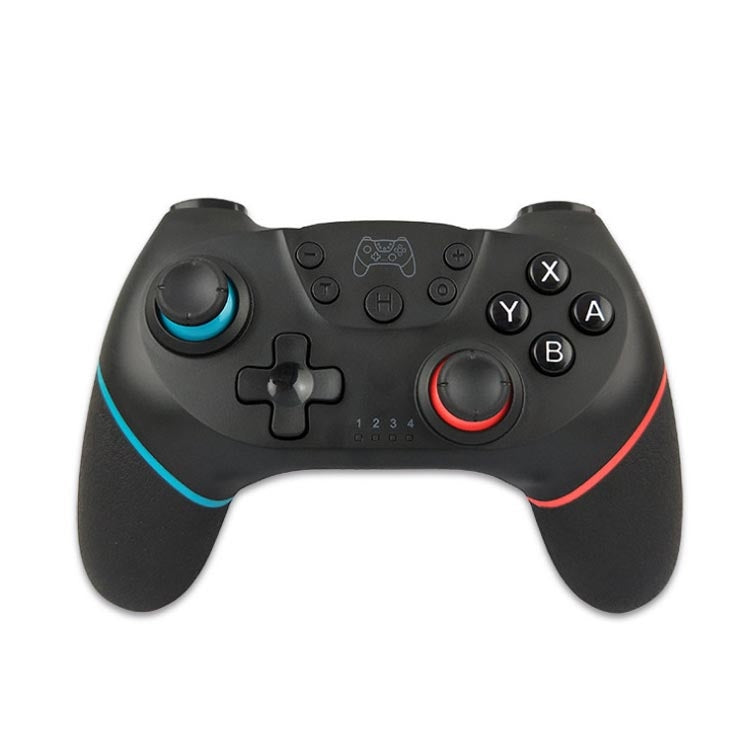 Wireless Bluetooth gamepad for Switch in black with blue and red thumbstick accents and ABXY buttons